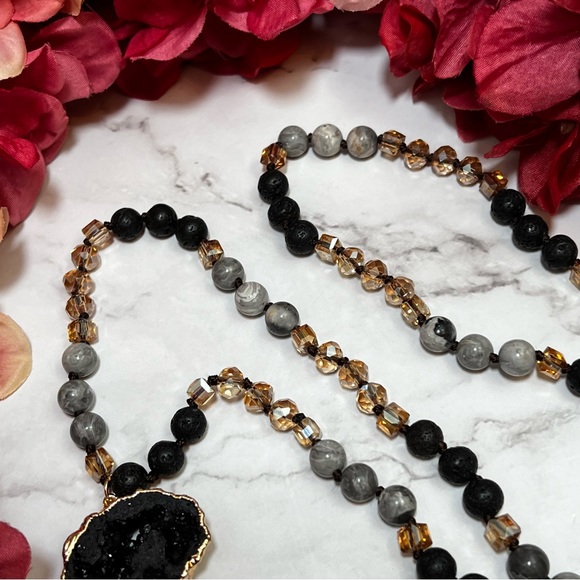 Natural Stone Necklace with Gold Dipped Hematite Geode Druzy Pendant & Tassel - Picture 9 of 16